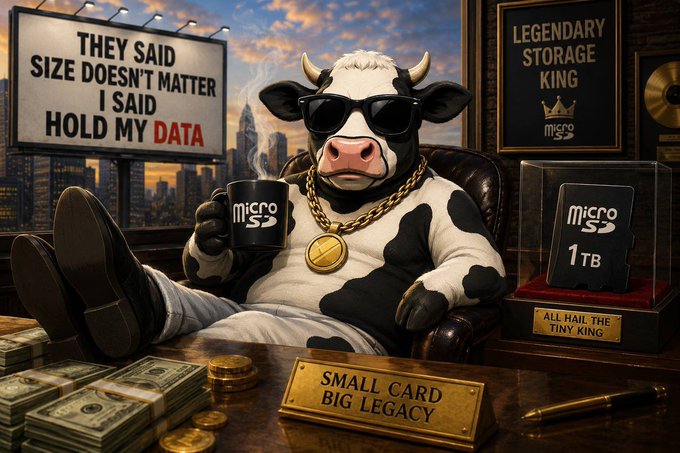 A stylish cow wearing sunglasses, gold chains, and a pendant sits at a desk with stacks of cash, next to a framed "Legendary Storage King" award and a displayed microSD card labeled "microSD 1TB." The cow holds a "microSD" mug beside a sign reading "They said size doesn't matter, I said hold my data," with a desk plaque stating "Small Card Big Legacy." The image humorously celebrates the massive storage capacity of microSD cards (relevant to memory/storage companies like $SNDK), tying into the post's playful jab about owning "all taker flow" of $SNDK with a memecoin theme.