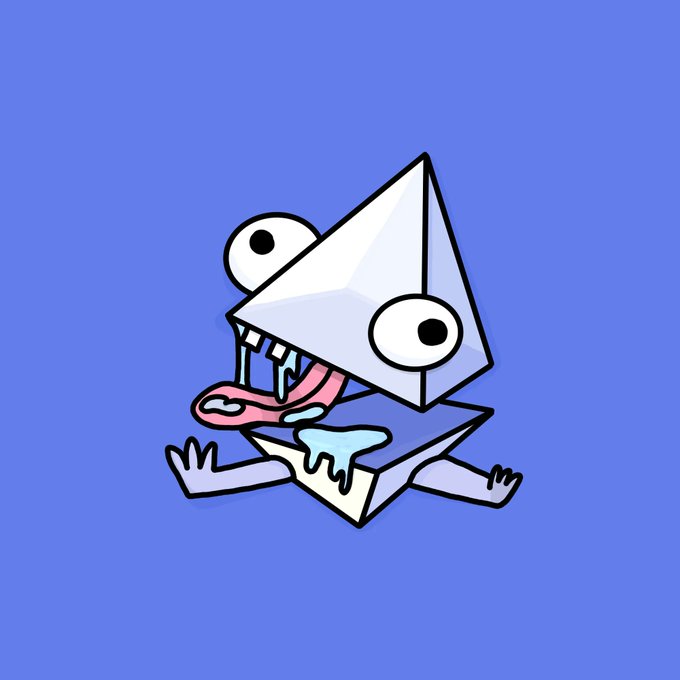 A cartoon drawing of a geometric triangular character with mismatched eyes, a pink tongue, and drooling mouth on a blue background.