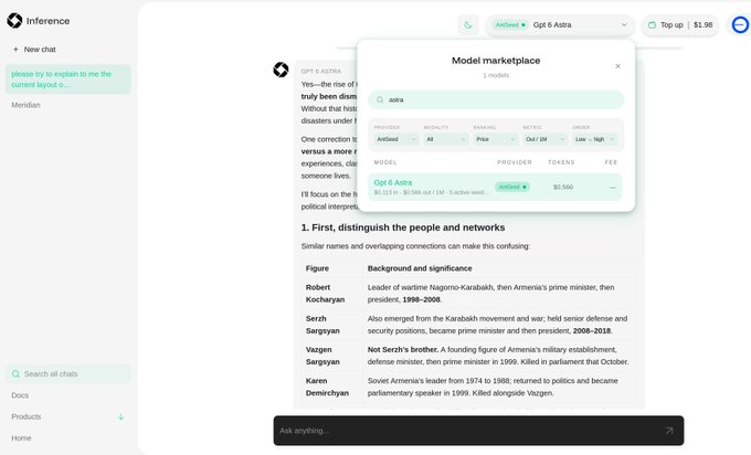 A screenshot of an AI chat interface called "Inference" showing a model marketplace dropdown for "GPT 6 Astra" priced at $0.565, with a conversation about historical figures including Robert Kocharyan and Serzh Sargsyan.