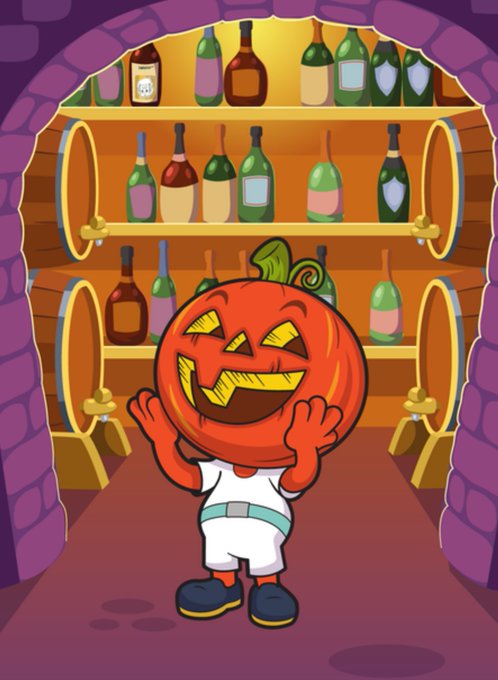 A cartoon jack-o'-lantern character wearing white athletic shorts and shoes stands smiling in a wine cellar with barrels and bottles of liquor lining the shelves.