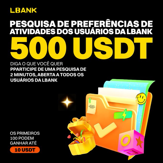 A promotional graphic for LBANK in Portuguese advertising a user preference survey with a prize pool of "500 USDT," noting the first 100 participants can win up to "10 USDT."