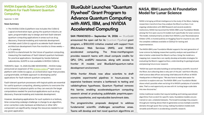 A collage of three news article headlines: NVIDIA expanding its CUDA-Q platform, BlueQubit launching a Quantum Flywheel Grant Program with AWS, IBM, and NVIDIA, and NASA, IBM launching an AI Foundation Model for Lunar Science.