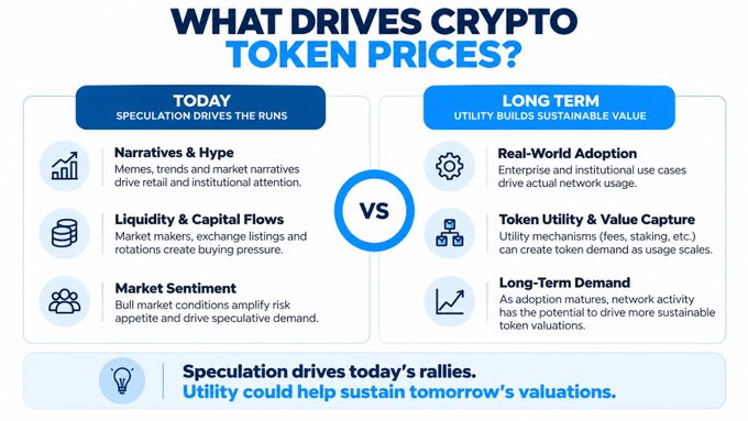 An infographic titled “WHAT DRIVES CRYPTO TOKEN PRICES?” contrasts “TODAY: SPECULATION DRIVES THE RUNS” with “LONG TERM: UTILITY BUILDS SUSTAINABLE VALUE,” listing narratives, liquidity, sentiment, adoption, utility, and demand; the footer says speculation drives rallies and utility could sustain tomorrow’s valuations.