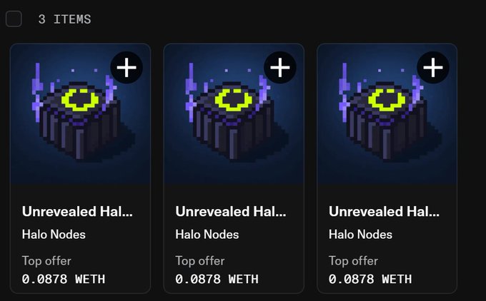 Three "Unrevealed Halo" NFT cards from Halo Nodes, each listed as a top offer at 0.0878 WETH, representing the airdropped NFTs mentioned in the post.