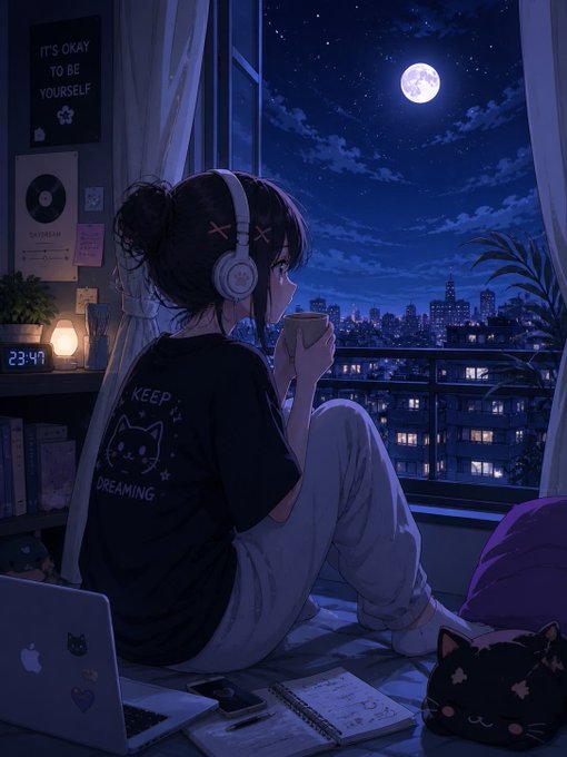 An anime-style illustration of a girl with headphones sitting on a windowsill at night, holding a mug and gazing at a full moon over a city skyline. The room features a "IT'S OKAY TO BE YOURSELF" poster, a "DAYDREAM" vinyl record, and she's wearing a shirt that says "KEEP DREAMING" with a cat design.