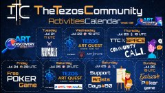 The image displays a calendar of weekly activities from "TheTezosCommunity" (TTC), including events like "Art Discovery," "TTCBunker," "Poker Game," and "Space Call," which corresponds to the post announcing the 197th Exclusive Poker Game and the "Empathy" NFT prize created by YinYangYoeshi for Art4LifeTez.