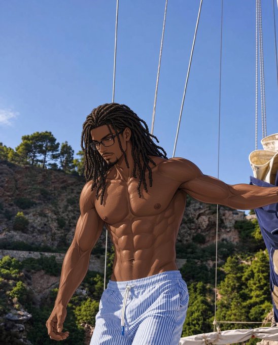 An illustrated rendering of a shirtless muscular man with long dreadlocks and glasses wearing blue and white striped shorts, standing on a boat.