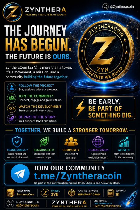 A promotional graphic for 'ZYNTHERA' ZyntheraCoin (ZYN) cryptocurrency with the tagline 'THE JOURNEY HAS BEGUN. THE FUTURE IS OURS.' and a Telegram link 't.me/Zyntheracoin'.