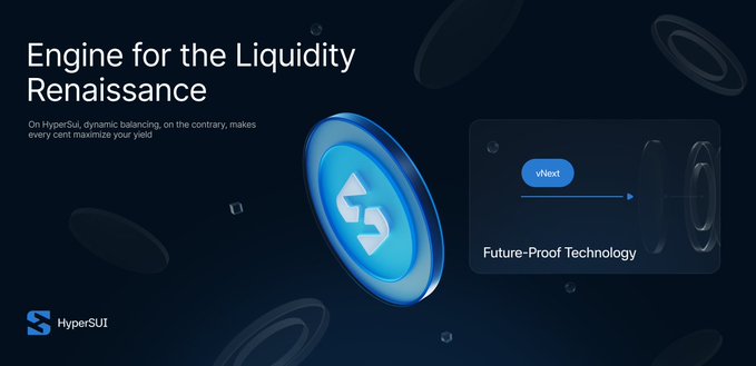 A promotional graphic for 'HyperSUI' titled 'Engine for the Liquidity Renaissance,' featuring a glowing blue coin logo and a section labeled 'Future-Proof Technology'.
