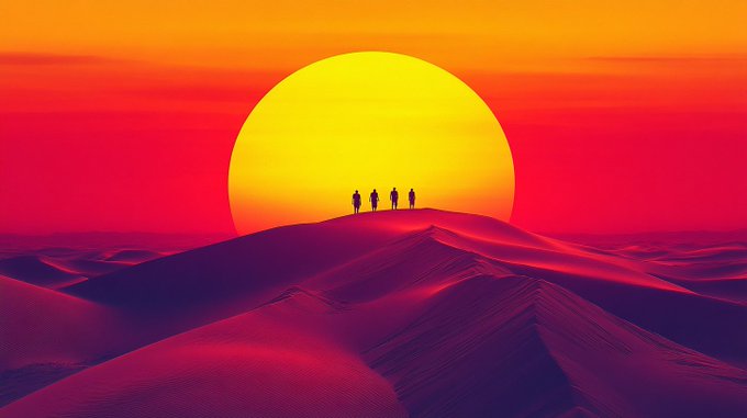 Vibrant digital artwork of four silhouetted figures standing on red sand dunes under a massive yellow sun in an orange-red sky.