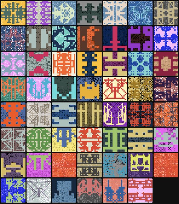 A colorful grid of pixel art tiles, each featuring various abstract patterns, symbols, and designs in vibrant colors.