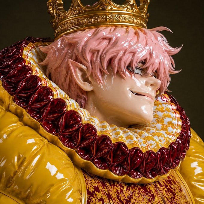 A detailed figurine or sculpture of an anime-style character with pink hair and pointed ears, wearing a golden crown and a yellow ruffled collar, smiling slightly.