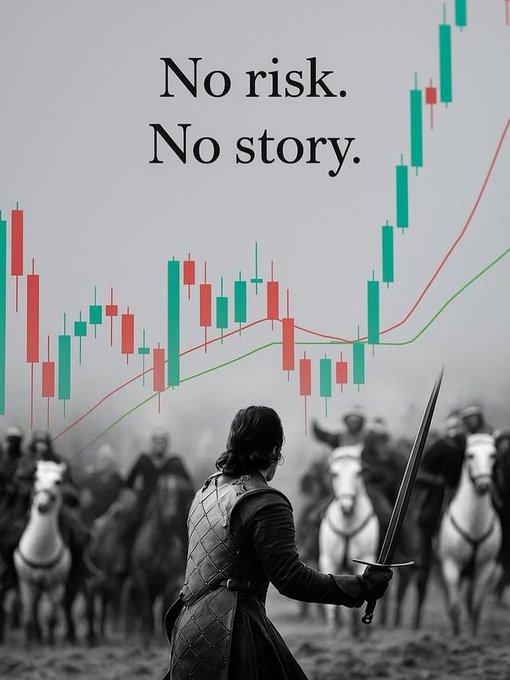 A graphic combining a stock candlestick chart in red and green with a black-and-white image of a medieval warrior holding a sword, with the text 'No risk. No story.'
