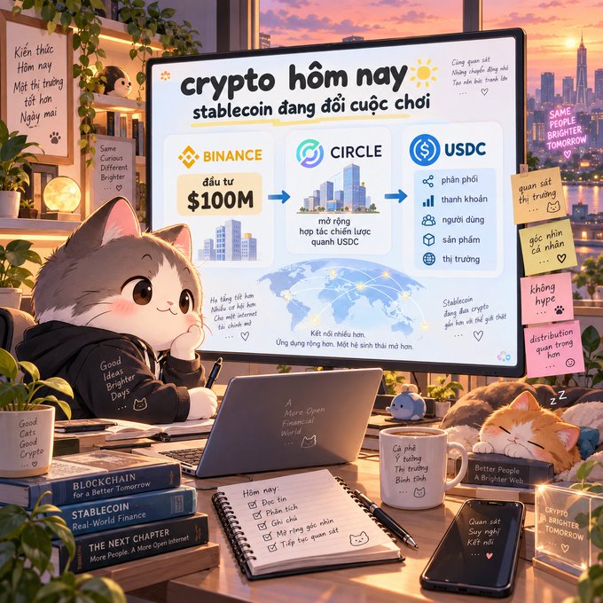 An illustrated workspace scene with a cat character at a laptop, featuring a monitor displaying 'crypto hôm nay' (crypto today) about Binance investing $100M into Circle/USDC, with sticky notes and books on the desk.