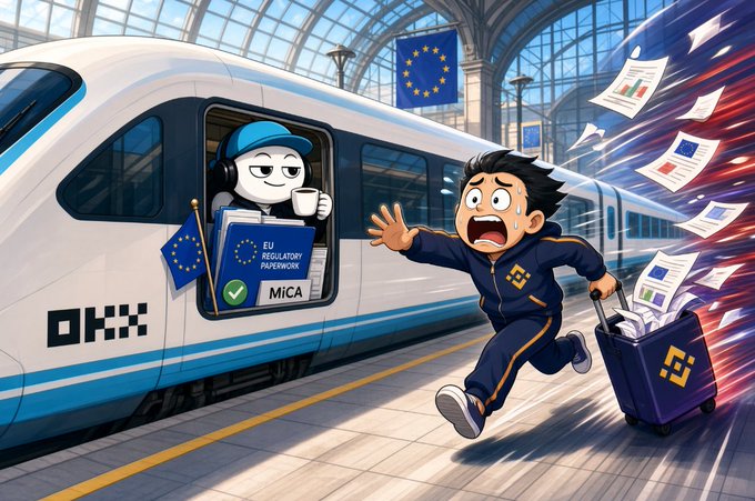 A cartoon illustration showing a sweating, panicked man running with luggage to catch a train, while an EU regulatory officer holding an 'EU REGULATORY PAPERWORK' and 'MiCA' folder looks out from the window amid flying EU documents.