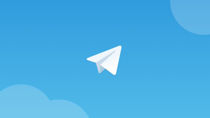 A minimalist illustration of a white paper airplane flying through a blue sky with stylized clouds, resembling the Telegram logo.