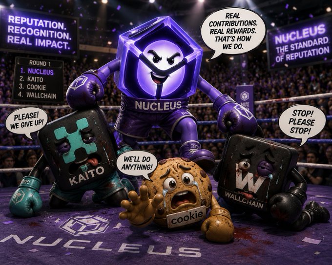 A boxing ring scene showing "NUCLEUS" (a purple hexagon character wearing boxing gloves) as the champion, with "KAITO" and "WALLCHAIN" (black blocks) pleading on either side of a scared cookie character, with speech bubbles reading "REAL CONTRIBUTIONS. REAL REWARDS. THAT'S HOW WE DO." and "WE'LL DO ANYTHING!".