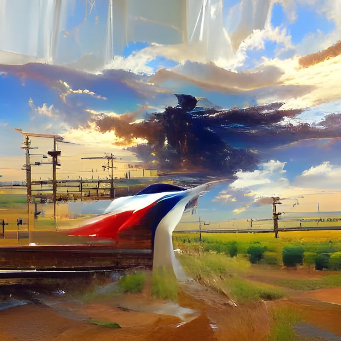 A painterly, impressionistic landscape with sweeping skies and bold red, white, and blue brushstrokes sweeping across a rural scene with power lines and fields. The vibrant, AI-generated composition complements the "low effort AI art" aesthetic from the 2022 craze, now reimagined as a nostalgic airdrop to UV Eyewear-wearing Chimpers holders who are said to glimpse the future or the past.