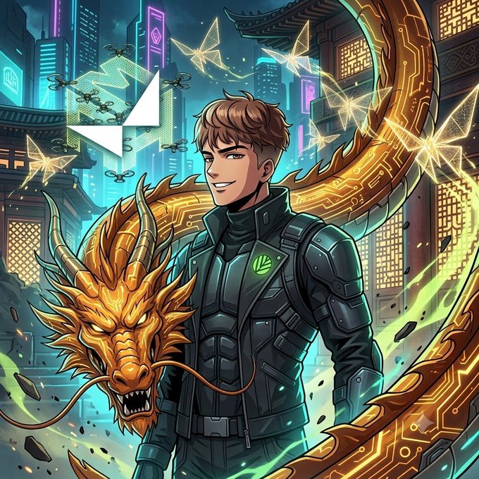A vibrant digital fantasy illustration of a smiling young man in tactical armor standing alongside a fierce golden Chinese-style dragon, set against a neon-lit cyberpunk cityscape with glowing butterflies and geometric symbols.