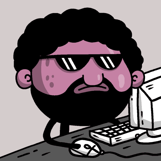 A cartoon illustration of a pink-skinned man with a black beard and afro wearing black sunglasses while using a computer with a keyboard and mouse.