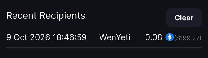 The image shows a "Recent Recipients" section displaying a transaction of 0.08 ETH (≈$199.27) sent to "WenYeti" on 9 Oct 2026 at 18:46:59, confirming the accompanying message about sending $200.