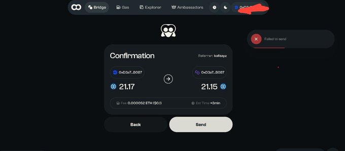A blockchain bridge interface shows a failed transaction confirmation for swapping 21.17 tokens to 21.15, with an error message stating 'Failed to send'.