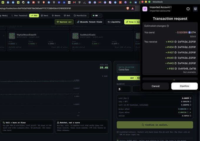 A screenshot of a MetaMask transaction request on a crypto NFT marketplace, showing a trade of ~0.000991 ETH for various NFTs.