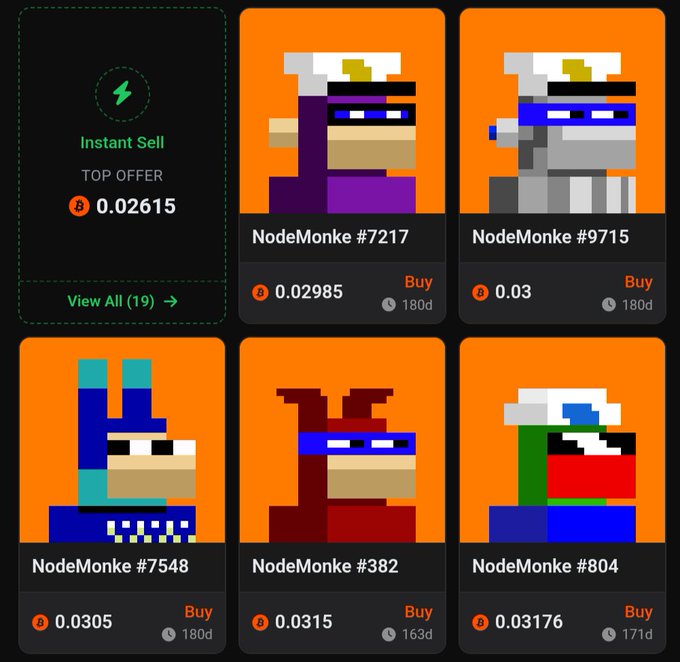 A NFT marketplace showing NodeMonke pixel-art collectibles with prices in BNB (top offer 0.02615) and individual listings like NodeMonke #7217 at 0.02985, #9715 at 0.03, #7548 at 0.0305, #382 at 0.0315, and #804 at 0.03176.