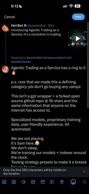A mobile screenshot of a Twitter/X post from 'Hot Bot' (@usehotbot) introducing Agentic Trading as a Service, mentioning collaboration with @clawpumptech and @OxWhalesmax.