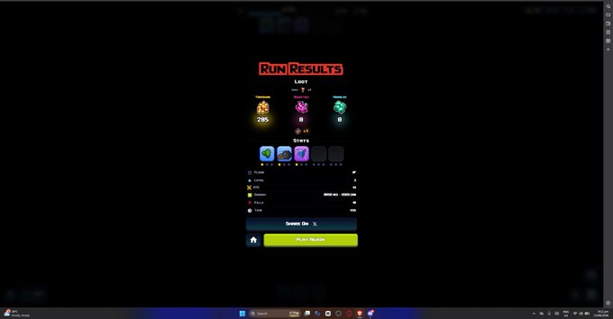 A video game "RUN RESULTS" screen showing loot, stars collected, and stats for items like Banner, Spring, Khaki, and Cloth, with options to "Select Ok" or "Play Mission."