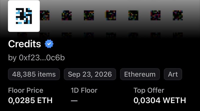 OpenSea NFT collection page for 'Credits' by 0xf23...0c6b on Ethereum, dated Sep 23, 2026, showing 48,385 items, a floor price of 0.0285 ETH, and a top offer of 0.0304 WETH.