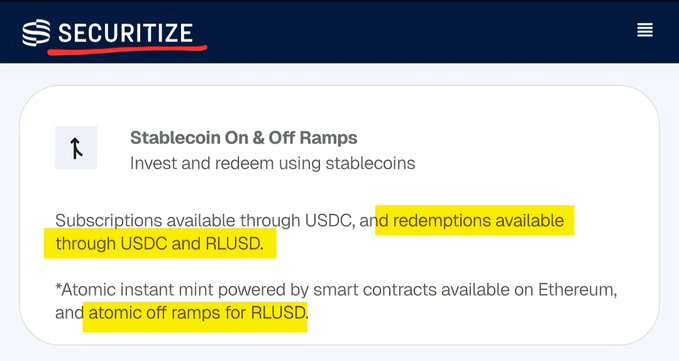 The image displays a Securitize webpage highlighting "Stablecoin On & Off Ramps," with text noting that subscriptions are available through USDC and redemptions through USDC and RLUSD, alongside mention of atomic instant minting via smart contracts on Ethereum and atomic off ramps for RLUSD—directly supporting the post's emphasis on RLUSD's integration with Securitize's regulated, SEC/FINRA-registered platform for bridging traditional finance and blockchain.
