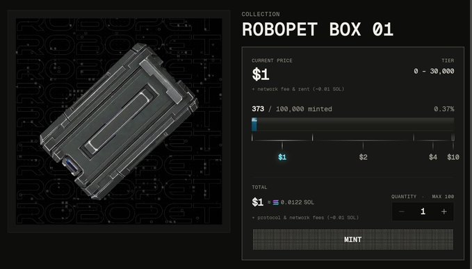 A screenshot of a screen with two pieces of information about Robopet Box 1. The lower part shows a screenshot of a price list for the box, which costs $1 per mint or $0.99 per 100,000 solana coins. The upper portion displays a detailed inventory of the box, including a list of items inside and their corresponding quantities.