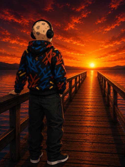 An illustration shows a figure wearing headphones and a graffiti-covered hoodie, standing on a wooden pier and looking out at a vibrant orange sunset over a calm body of water.
