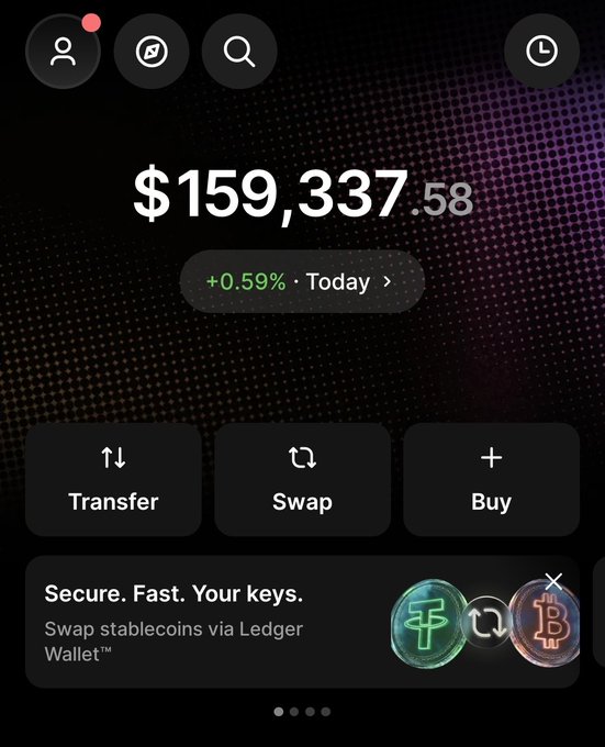 A cryptocurrency wallet interface displaying a balance of $159,337.58 (+0.59% Today) with buttons for Transfer, Swap, and Buy, and a banner promoting swapping stablecoins via Ledger Wallet.