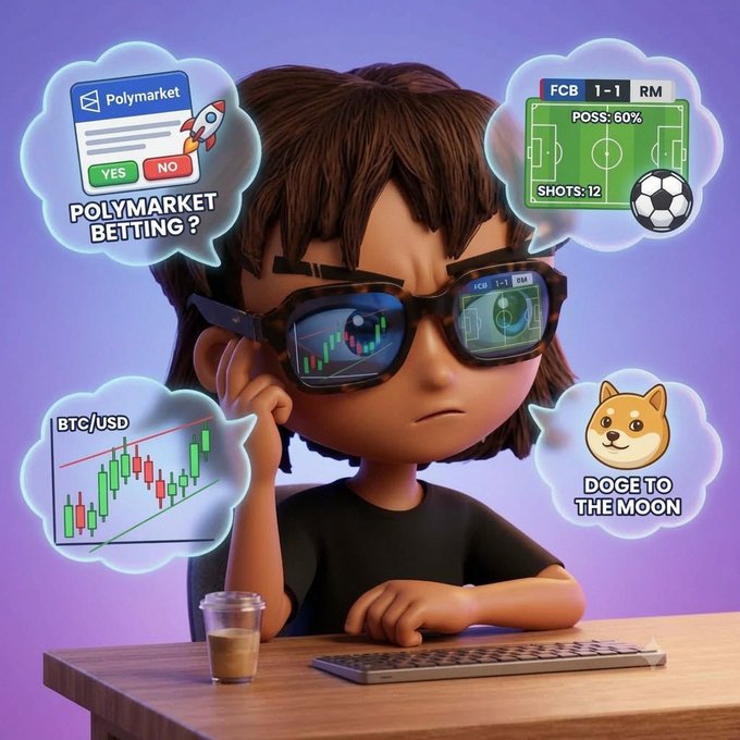 A 3D cartoon-style illustration of a boy wearing AR glasses that display financial charts, surrounded by thought bubbles showing 'Polymarket Betting?', a football match (FCB 1-1 RM), a 'BTC/USD' chart, and 'Doge to the Moon'.