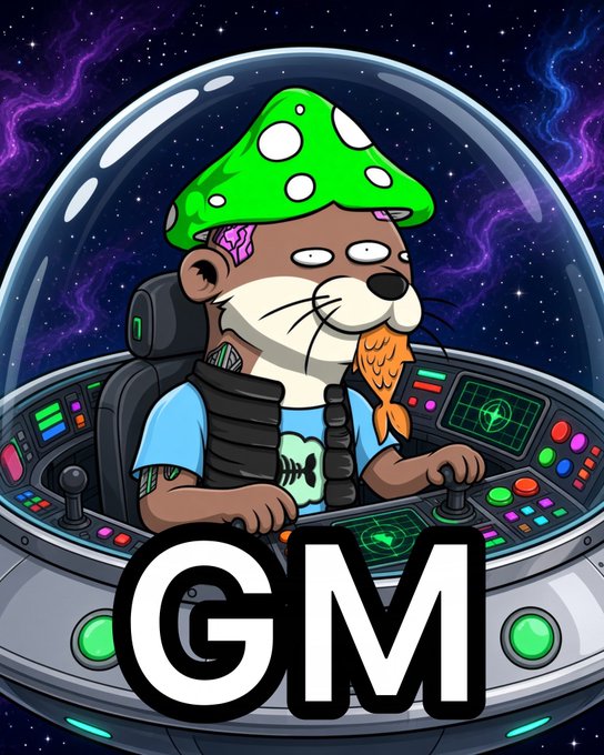 A cartoon otter wearing a green mushroom hat and tactical vest pilots a spaceship, with large "GM" text overlaid at the bottom.