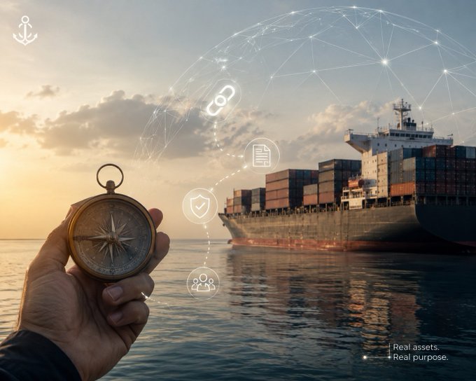 A hand holds a compass in the foreground while a large container ship sits in calm waters behind it, overlaid with a digital network of connected nodes and icons representing documents, security, community, and tokenization, with the text "Real assets. Real purpose." in the bottom right corner.

The image visually reinforces the post's theme of looking beyond RWA tokenization to the broader operational challenges—using the compass (direction/navigation) and connected digital nodes (transparency, security, community) to symbolize the need for trustworthy management and scalability after assets are tokenized, while the massive container ship represents the real-world assets at stake.