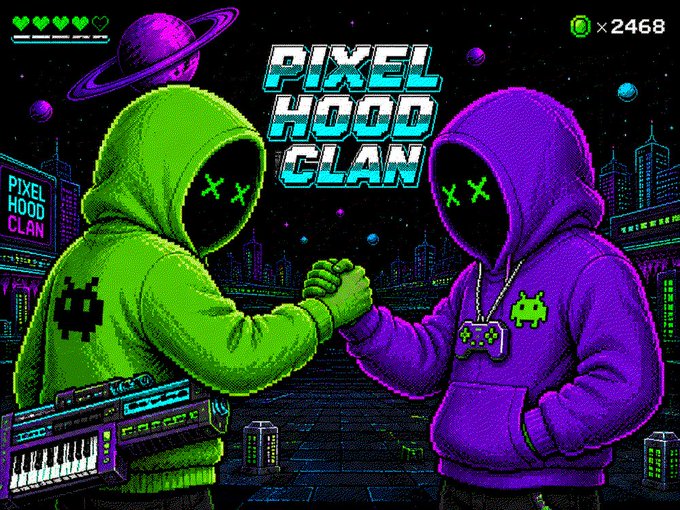 A pixel art image titled 'PIXEL HOOD CLAN' depicting two hooded figures in green and purple shaking hands against a neon cityscape, styled like a retro video game with a health bar and a score of 2468.