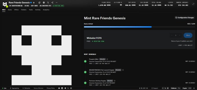 The image shows a Magic Eden mint page for "Rare Friends Genesis" NFT collection, priced at 1 SOL with 625 of 1,024 items minted, featuring a pixelated skull icon. The page displays a "Whitelist FCFS" mint option with various mint schedules listed, addressing the user's question about why the floor sits at 1k despite the low mint price and limited supply.