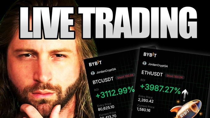 A 'LIVE TRADING' thumbnail featuring a bearded man alongside Bybit trading screenshots showing BTCUSDT +3112.99% and ETHUSDT +3987.27% from JordanCryptSA.