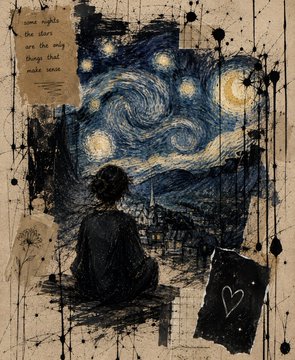 A collage-style mixed media artwork featuring a silhouetted figure seated before Van Gogh's Starry Night, with handwritten text reading "some nights the stars are the only things that make sense" and paint splatter effects throughout.