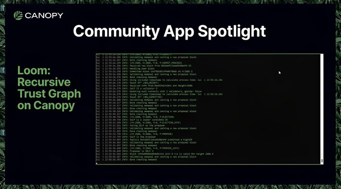 A "Community App Spotlight" slide from Canopy featuring "Loom: Recursive Trust Graph on Canopy," with a terminal screenshot showing command-line activity related to proposal blockchain operations and IPFS storage.