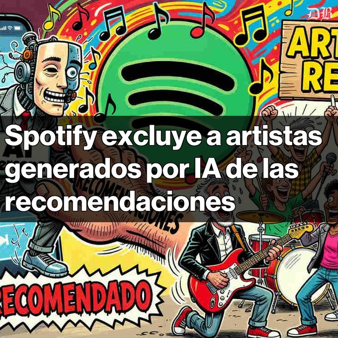 The image features a vibrant illustration of musicians, a robot, and a Spotify logo surrounded by musical notes, overlaid with the text "Spotify excluye a artistas generados por IA de las recomendaciones." The colorful artwork visually reinforces the post's announcement about Spotify's policy to exclude AI-generated artists from its recommendation algorithms, depicting the clash between human musicians and AI personas that the platform aims to address.