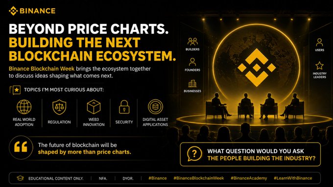 Binance promotional graphic for "Binance Blockchain Week" with the headline "BEYOND PRICE CHARTS. BUILDING THE NEXT BLOCKCHAIN ECOSYSTEM," featuring silhouetted panelists under a glowing Binance logo and icons for topics like Real World Adoption, Regulation, Web3 Innovation, Security, and Digital Asset Applications. The image visually reinforces the post's message that blockchain's future will be shaped by industry builders and thought leaders rather than market speculation.