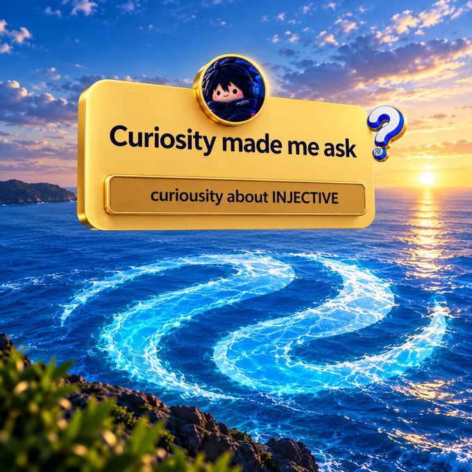 A digital graphic featuring a yellow notification card with the text 'Curiosity made me ask' and a button reading 'curiosity about INJECTIVE', set against a sunset seascape with a glowing blue swirl in the water.