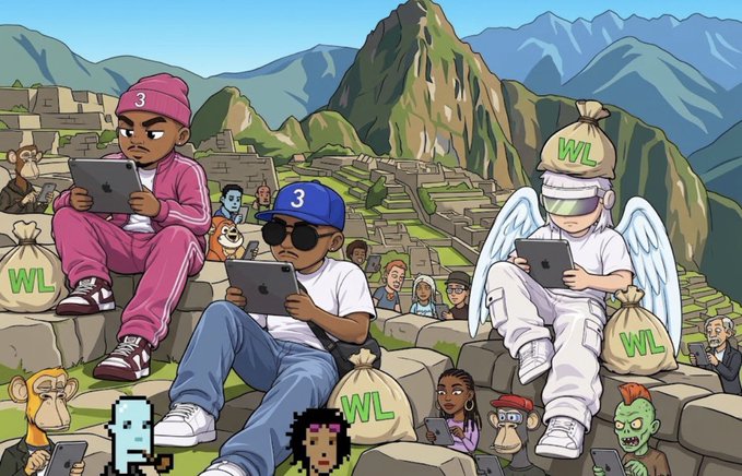 A cartoon illustration depicts various NFT characters (including Bored Apes, CryptoPunks, and Azuki figures) sitting on stone ruins at Machu Picchu, holding iPads and money bags marked 'WL' while wearing '3' caps and 'WL' hats.