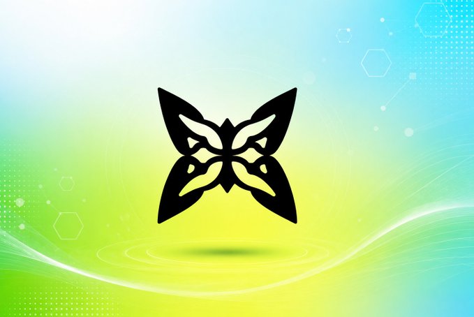 A stylized black butterfly/moth emblem logo displayed against a gradient blue, yellow, and green background with hexagonal design accents.