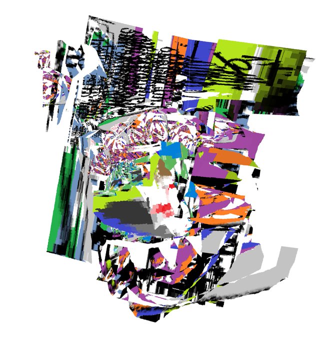 An abstract digital artwork or glitch-style collage composed of fragmented, brightly colored geometric shapes including purple, green, blue, orange, and black on a white background.