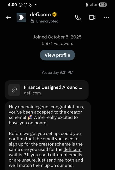 A screenshot of a Twitter DM conversation from "defi.com" (joined October 8, 2025, 5,971 Followers) congratulating "onchainlegend" on being accepted to the creator scheme and requesting email confirmation.